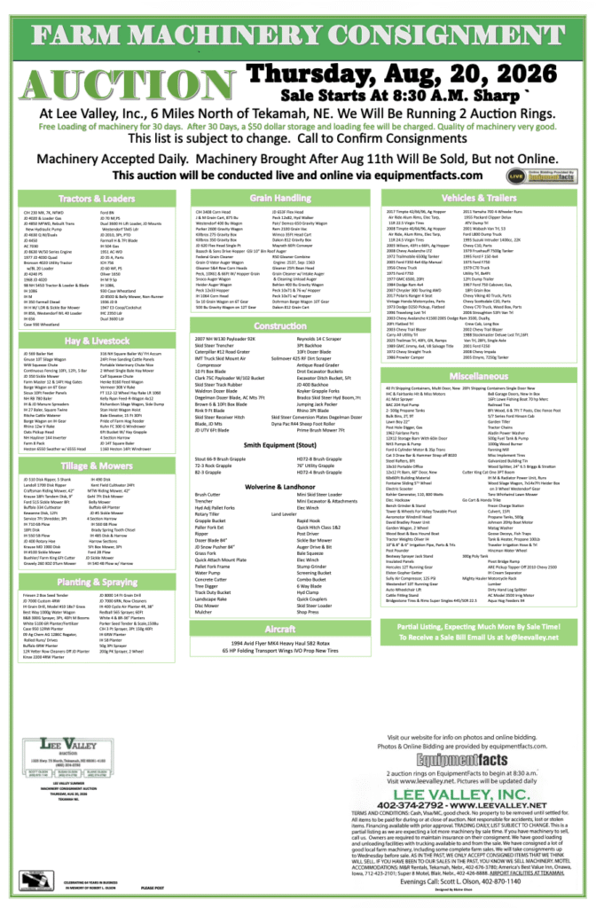 lee valey farm machinery sale auction tekamah ne august 2026